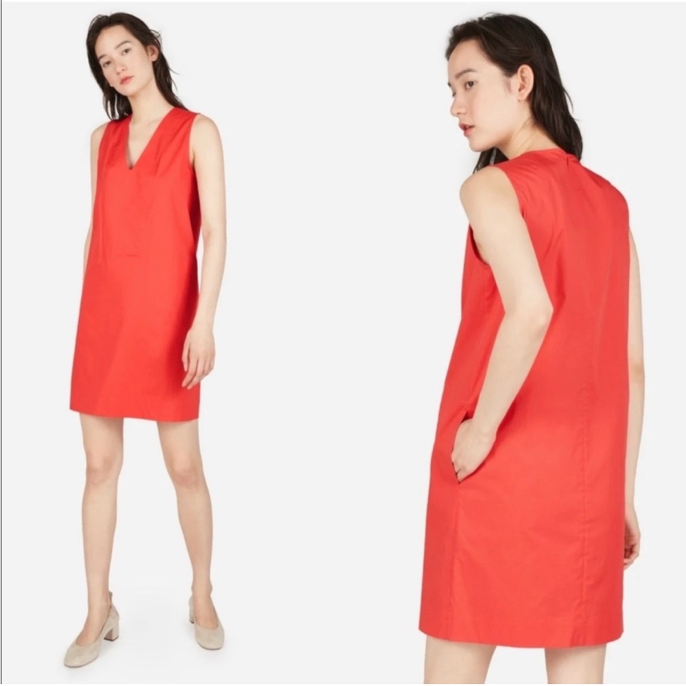 Everlane Clean Cotton V-Neck Shift Dress Poppy Red Sleeveless Pockets Mini 00